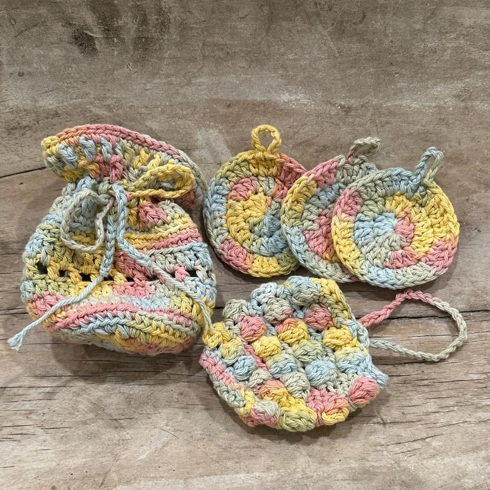 Handmade Cotton Crochet Bath Set - Drawstring Bag + Face pads + Soap pouch